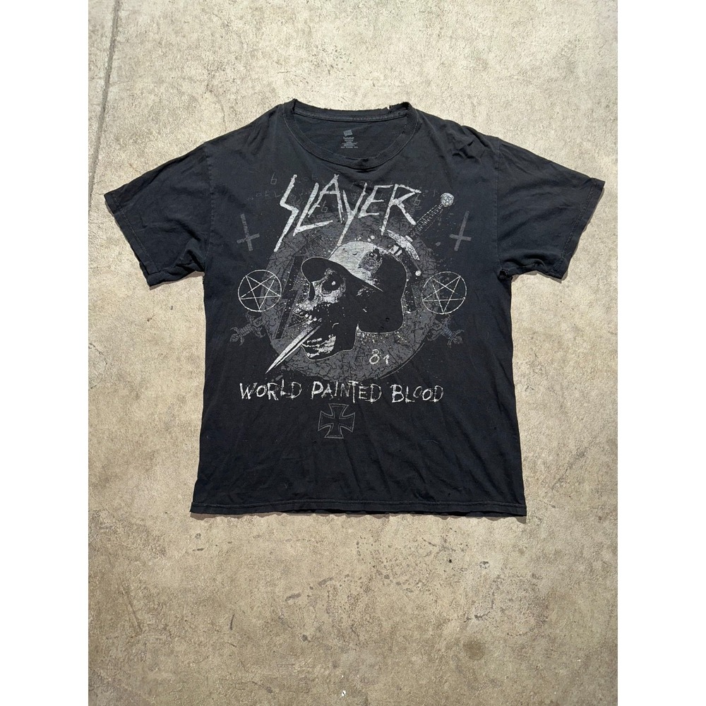 Hanes T-Shirt Mens Large Black Slayer World Painted Blood‎ Skull Short Sleeve